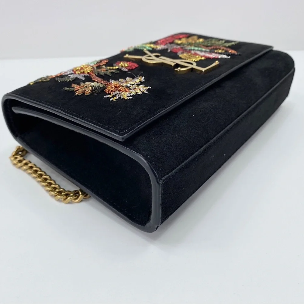 YSL Yves Saint Laurent Monogram Kate Chain Bag Black Suede Embroidered - Picture 5 of 7